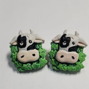Cute Cow Earrings with Green Leaves